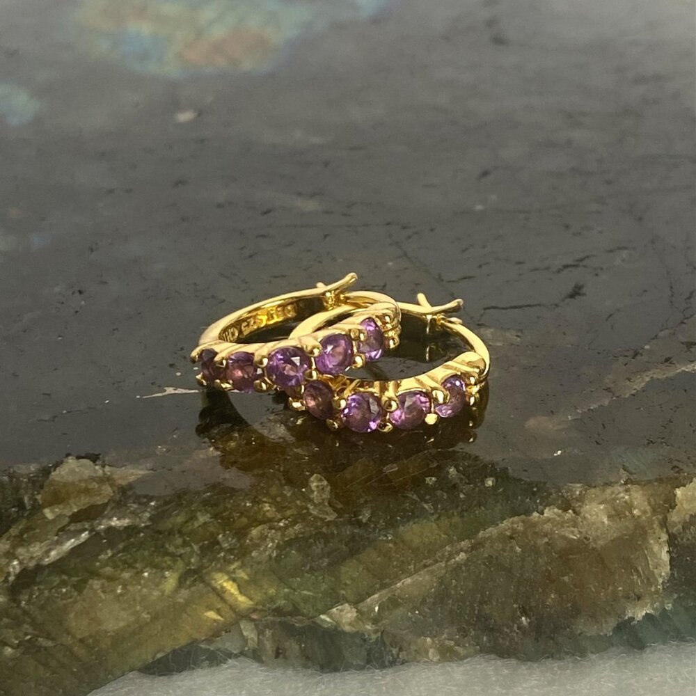Gold Vermeil Sterling Silver 925 DBJ Round Amethyst Small Huggie Hoop Earrings - Picture 4 of 16